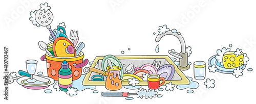 Dishes, pans, forks and spoons washed with liquid soap on a kitchen table and in a sink after dinner, vector cartoon illustration on a white background
