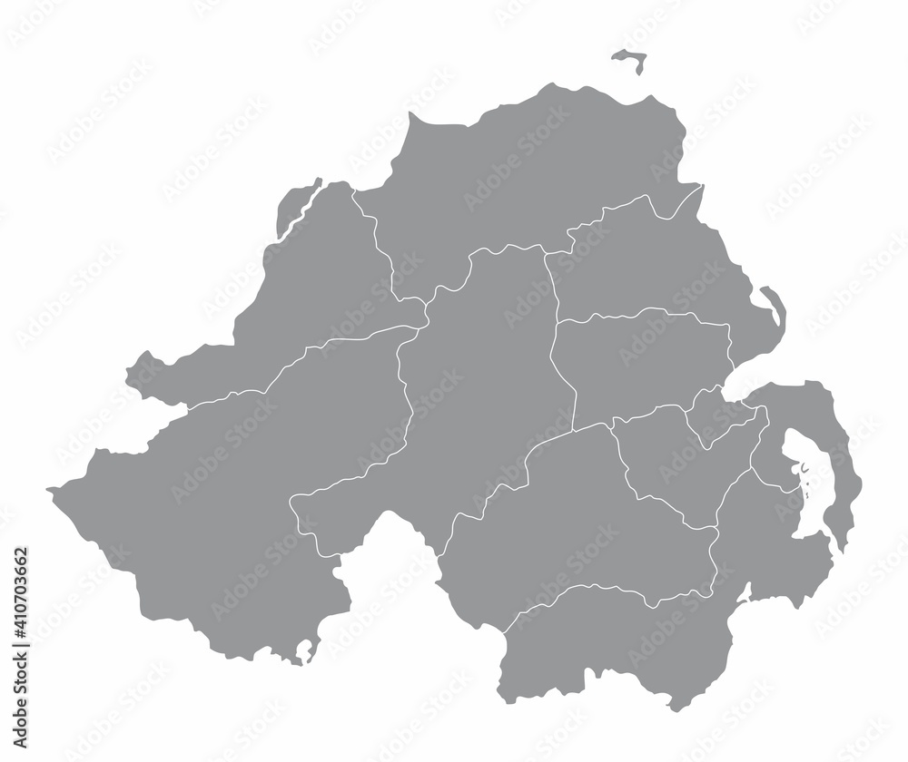 The Northern Ireland isolated map divided in administrative areas The Northern Ireland isolated map divided in administrative areas