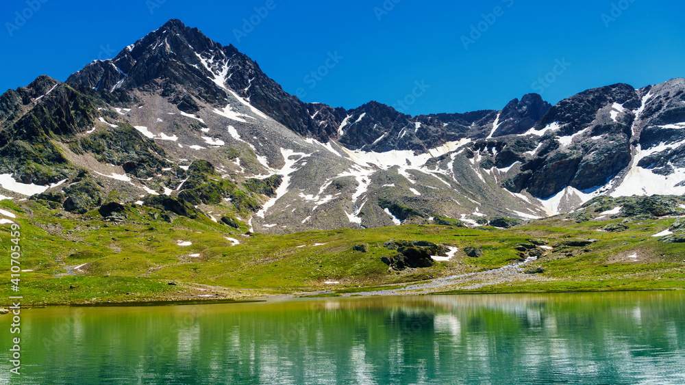 Passo Gavia, mountain pass in Lombardy, Italy, at summer. Lake