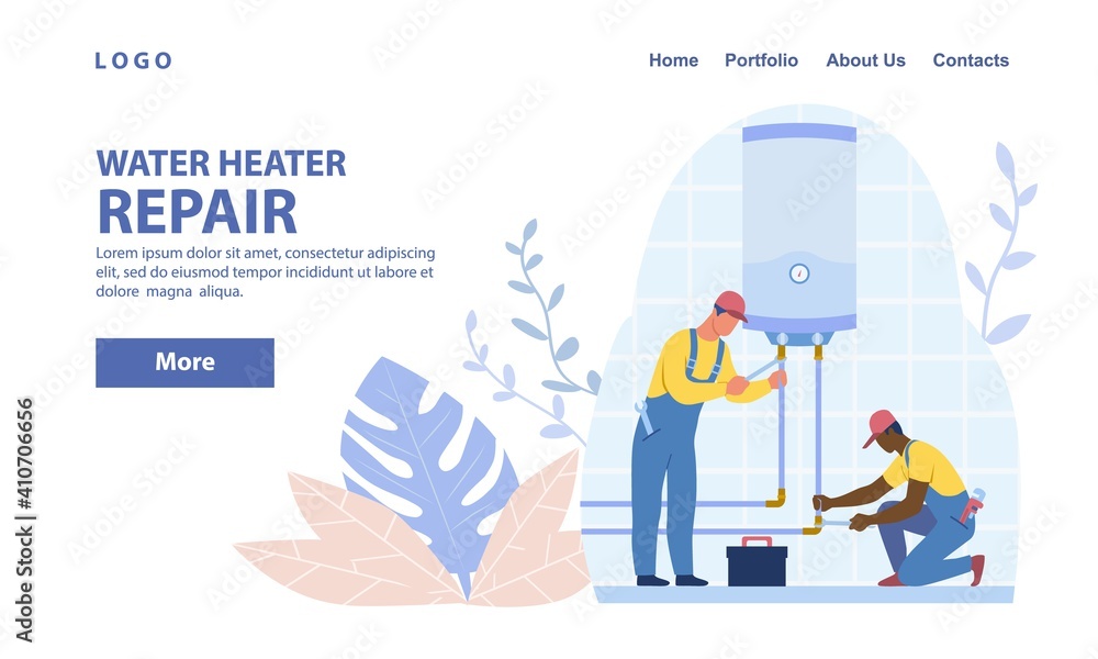 Diverse plumbers repairing or installing water heater or boiler. Home repair, maintenance and plumbing services concept. Flat cartoon vector illustration. Website, webpage, landing page template