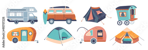 Set of vector camping trailers isolated on white background