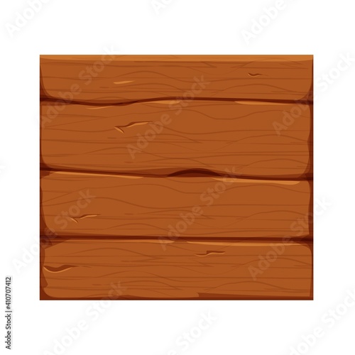 Wood tablet, plank or board in cartoon style. Old piece of wooden empty frame isolated on white background. Detailed, textured object brown bright colour. Rustic element.