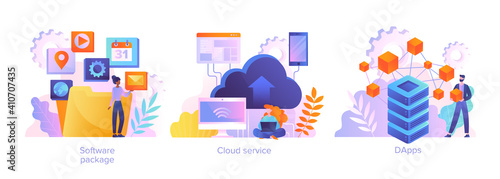 Cloud software service abstract concept. DApps technology, packaged software, decentralized application, cloud computing, subscription abstract metaphor. Set of flat cartoon vector illustrations