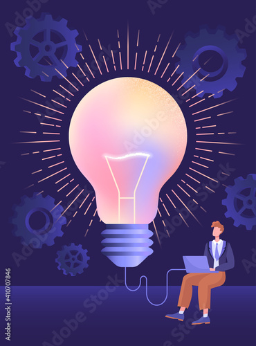 Content creation and creative ideas concept. Man sitting next to electric lighbulb and working on laptop. Symbol of creative occupation, writing, copywriting, blogging Flat cartoon vector illustration