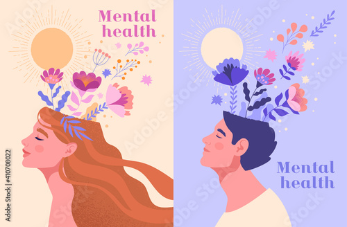 Mental health, happiness, harmony creative abstract concept. Happy male and female heads with flowers inside. Mindfulness, positive thinking, self care idea. Set of flat cartoon vector illustrations