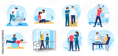People in orthopedic therapy rehabilitation. Therapists character working with disabled patients, rehabilitating physical activity, physiotherapy. Set of flat cartoon vector illustrations