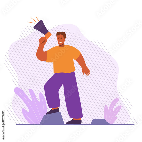 Black man protesting for their rights.African american man holds loudspeaker.Vector flat cartoon style.Protesting people.