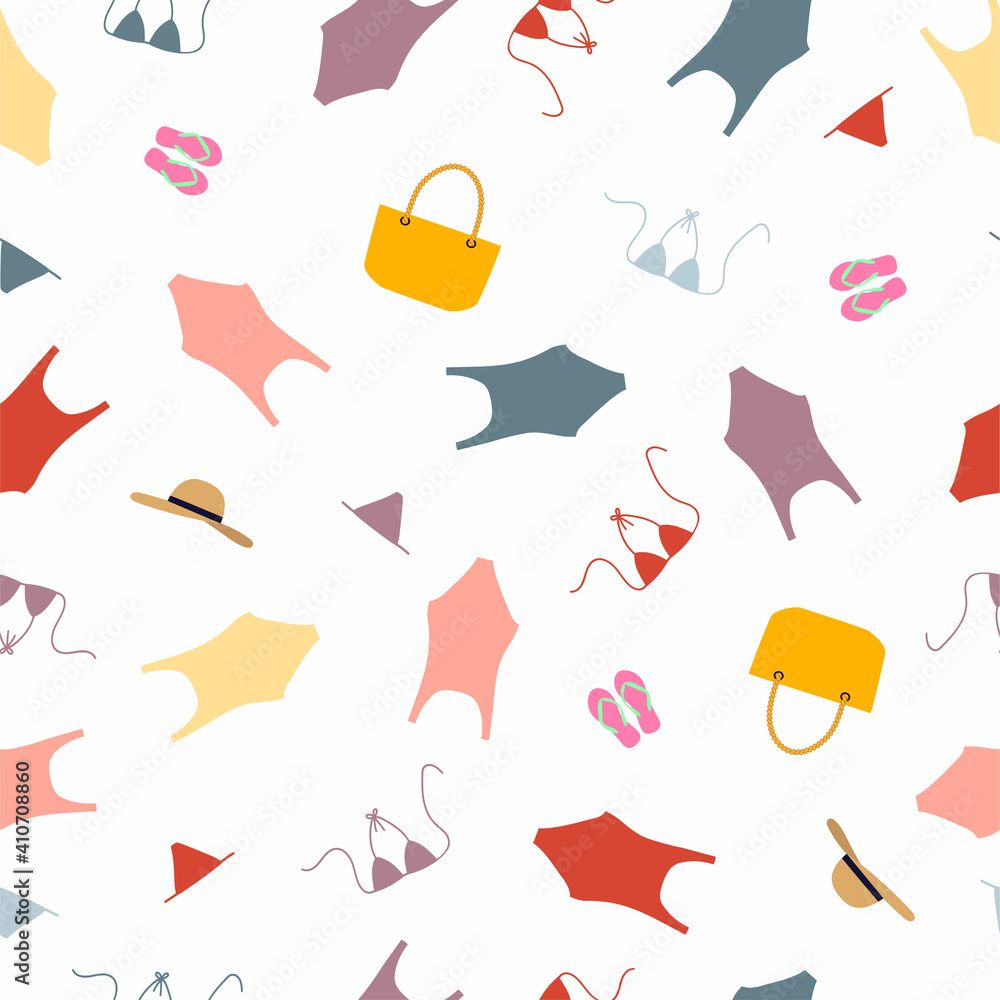Fototapeta premium Summer collection seamless pattern. Swimsuit, flip flops, bag and hat