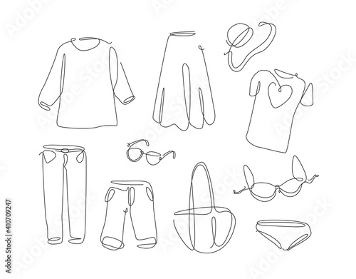 Woman wear in simple line art style. One continuous line clothes set. Vector collection of women fashion shirt, underwear, bag,