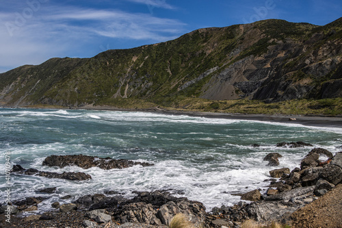 Rough water at Owhiro Bay in Wellington, New Zealand