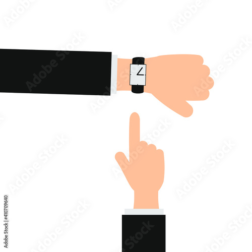 You are late. Businessman showing time on his modern watch, with his hands. Vector illustration