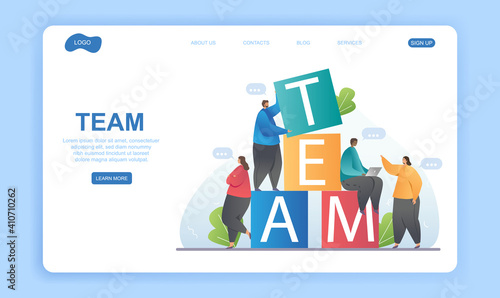Team building and teamwork concept. A group of multiracial business colleagues making up the word team of cubes. Flat cartoon vector illustrstion. Website, webpage, landing page template