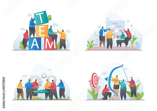 Collection of teamwork illustrations. Multiethnic group of people playing team building games and working in the office. Set of flat cartoon vector illustrations isolated on white background