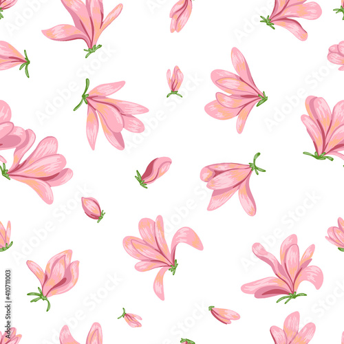 Blooming magnolia flowers seamless pattern. Hand drawn vector illustration. Spring season botanical background. Colored vintage ornament. Design for fabric, textile, wallpaper, print, decor, wrap.