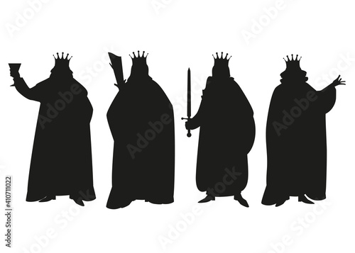 Silhouettes of four kings dressed in ancient clothes and crowns isolated on white background