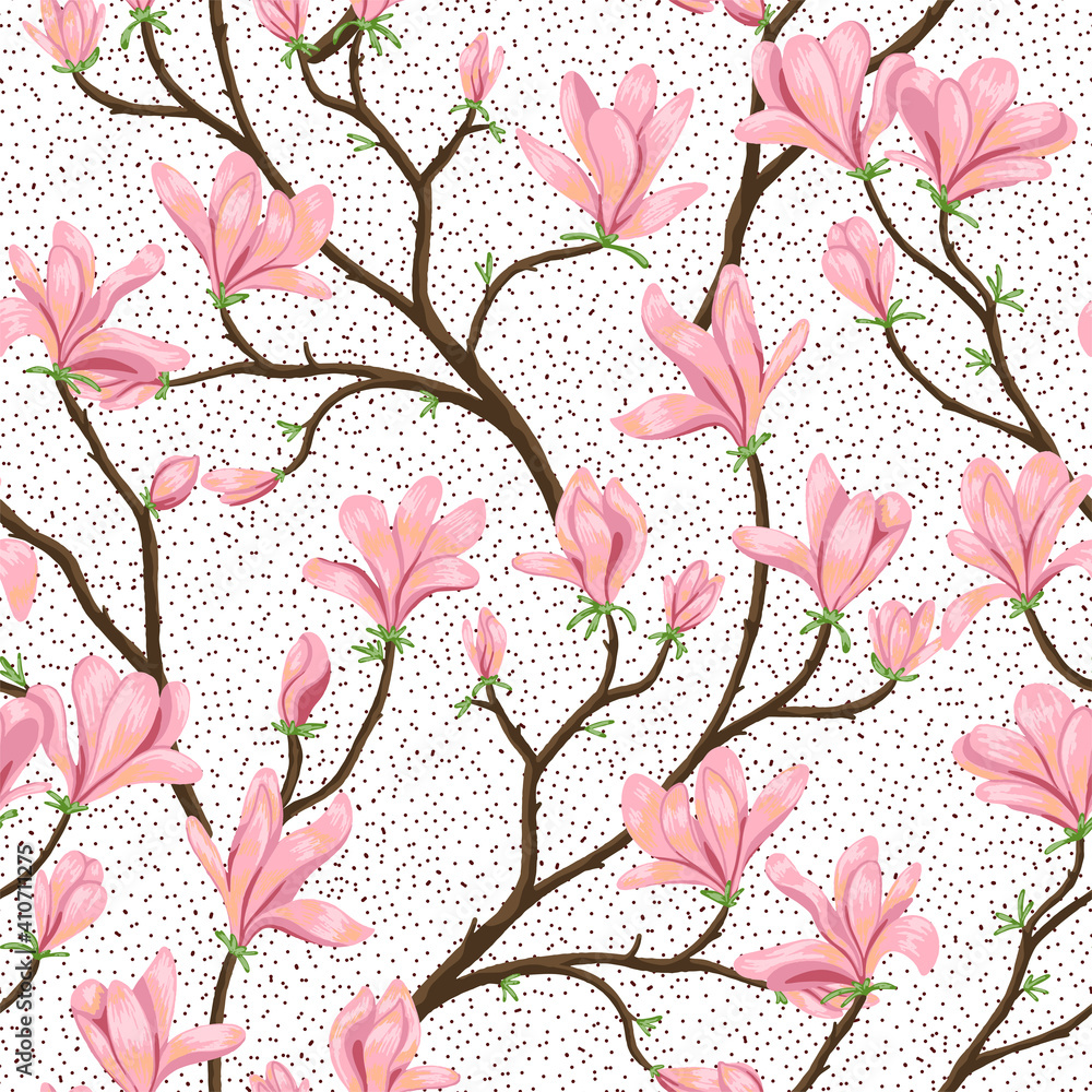 Blooming magnolia branches and dots seamless pattern. Hand drawn vector illustration. Spring season botanical background. Colored vintage ornament. Design for fabric, textile, wallpaper, print, decor.