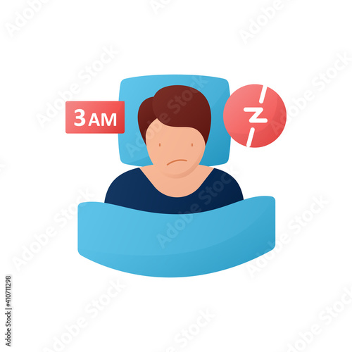 Difficulty falling asleep flat icon. Insomnia. Sleep disorder. Healthy sleeping concept. Sleep problems treatment. Falling asleep trouble. Stress. Health care. Color isolated vector illustration 