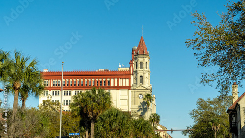 Architecture and facade of the Saint Augustine cathedral with beautiful blue sky. San Agustin, Florida, United States. photo