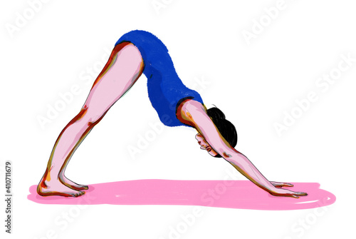 Ilustración de la postura de yoga Adho Mukha Svanasana o postura del perro boca abajo. Ásana clásica de yoga