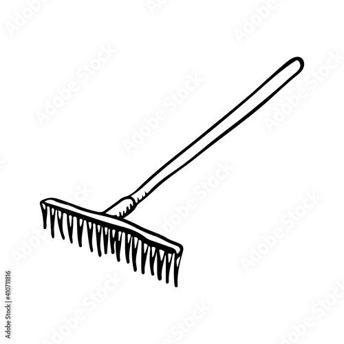 Rake icon. Black outline linear sketch drawing. Vector flat graphic hand drawn illustration. The isolated object on a white background. Isolate.