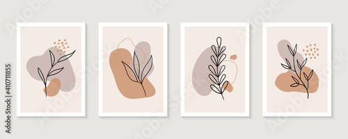 Vector set of boho wall art. Trendy pictures with plants and abstract organic shapes. Botanical illustration