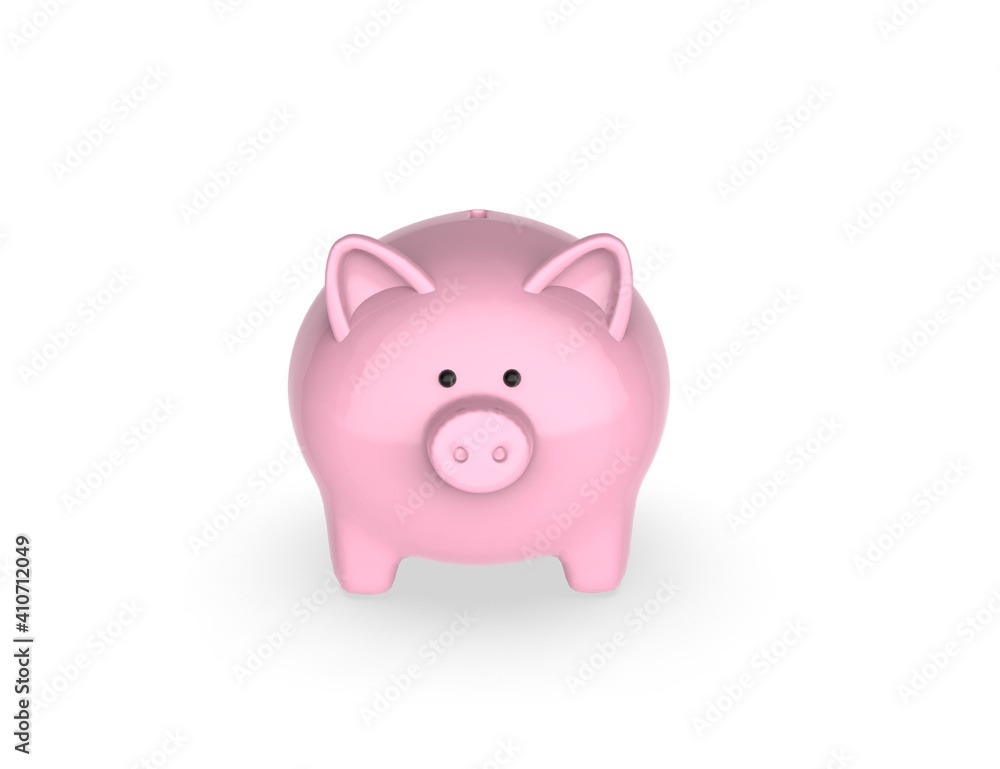 3D Piggy Bank isolated white backgrond. Cute pig 3D render model.