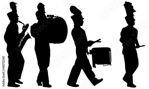 Marching band playing instruments silhouettes