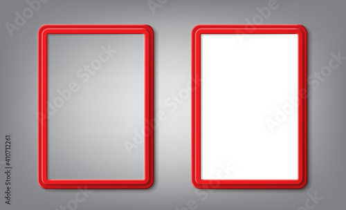 Realistic red frames with rounded corners and shadows are blank mockup. Vector modern design of template photo frame A4 size is perfect for presentations, photos and pictures
