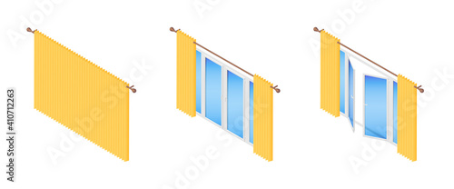Isometric vector illustration realistic balcony doors and windows decorated with hanging curtains isolated on white background. Opened and closed glass doors icons in flat style.