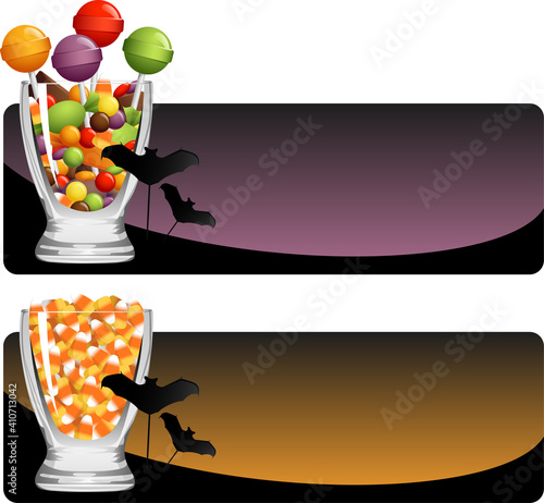 A set of Halloween candy banners, one with a glass full of mixed candies, the other filled with candy corn.
