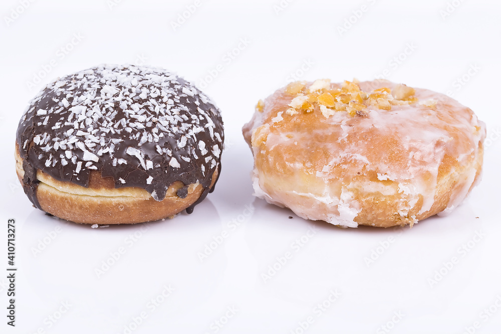 round donut with chocolate and sugar. Fat Thursday round donut with chocolate and sugar. Fat Thursday