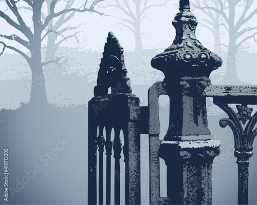 An interesting vector gate, opening to a spooky blue background with trees. 