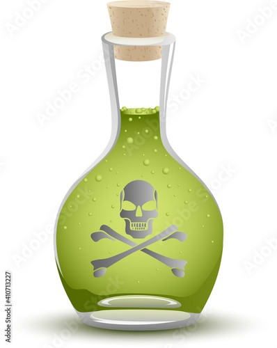 A full glass poison bottle with a cork, etched with a skull and crossbones.
