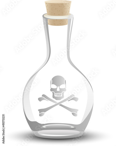 An empty glass poison bottle with a cork, etched with a skull and crossbones.
