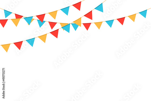Multicolored triangular flags on ropes on a white background. Decoration from triangular flags.