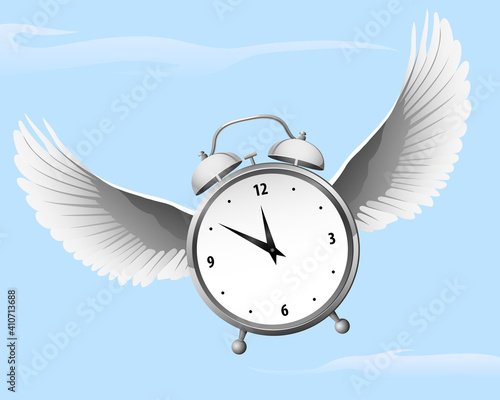 A flying alarm clock with wings
