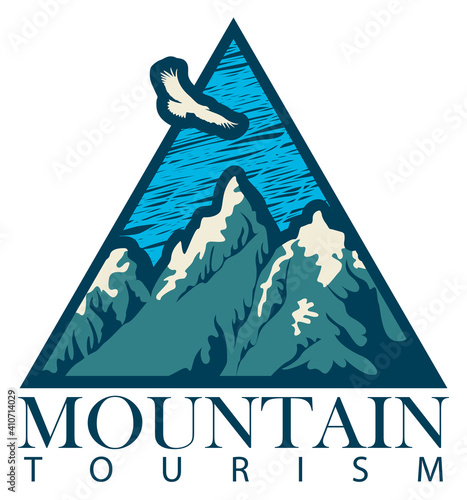 Vector travel banner in retro style with snow-crowned mountains, flying eagle and an inscription Mountain tourism. Suitable for emblems, flyers, labels, triangular pennants.