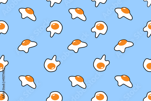 Broken eggs seamless pattern. Scrambled eggs. Blue breakfast background in EPS10,vector illustration