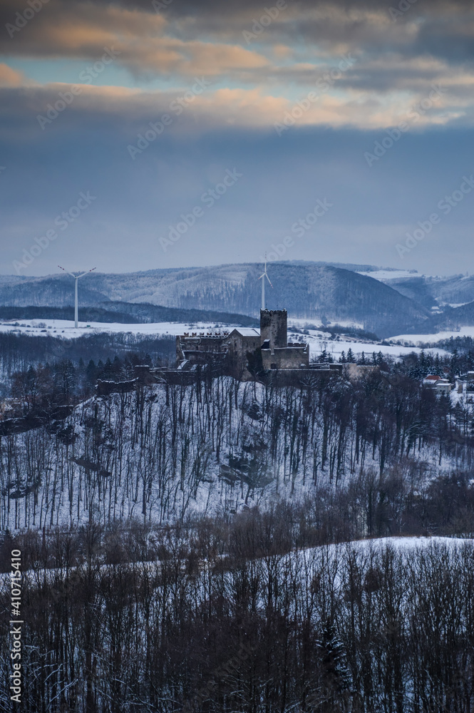 Bolkow Castle in winter scenery, Lower Silesia, Poland