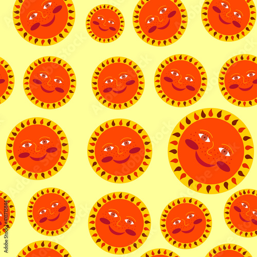 Maslenitsa or Shrovetide. Sun seamless pattern. Sun with face. Wide Pancake week. Vector cartoon illustration.