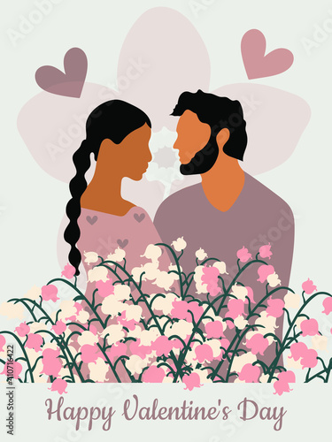 A girl and a guy in lilies of the valley and hearts. Valentine's Day holiday. Romantic pastel card for printing on cups, pillows, covers, gliders. Vector illustration.