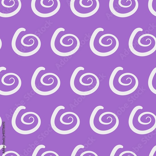 Swirling abstract spirals seamless pattern. Geometric white decorative shapes on purple vector background. Swirl motif with creative minimalism.