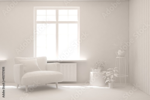 Mock up of stylish room in white color with armchair. Scandinavian interior design. 3D illustration