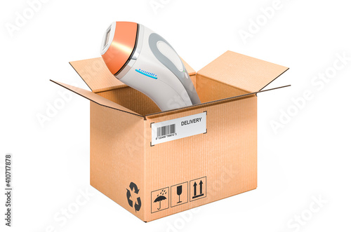 Laser hair removal inside cardboard box, delivery concept. 3D rendering photo