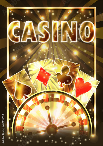 Casino greeting wallpaper with roulette and poker cards, vector illustration