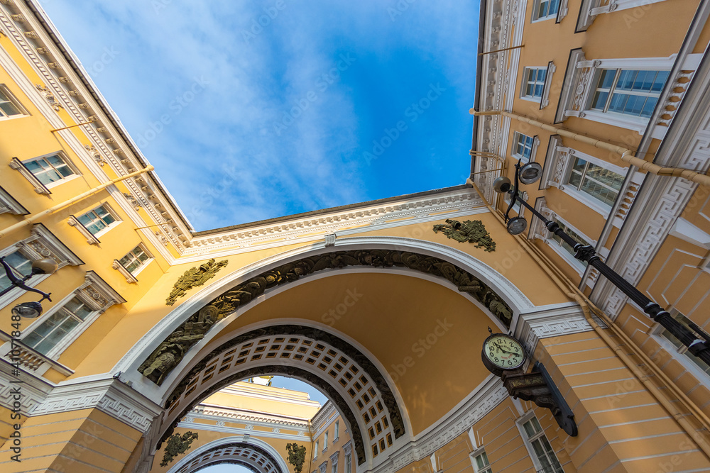 Sights of St. Petersburg. Winter in the city on the Neva in Russia. The сourtyard of the arch of the General Staff with the famous Mendeleev clock