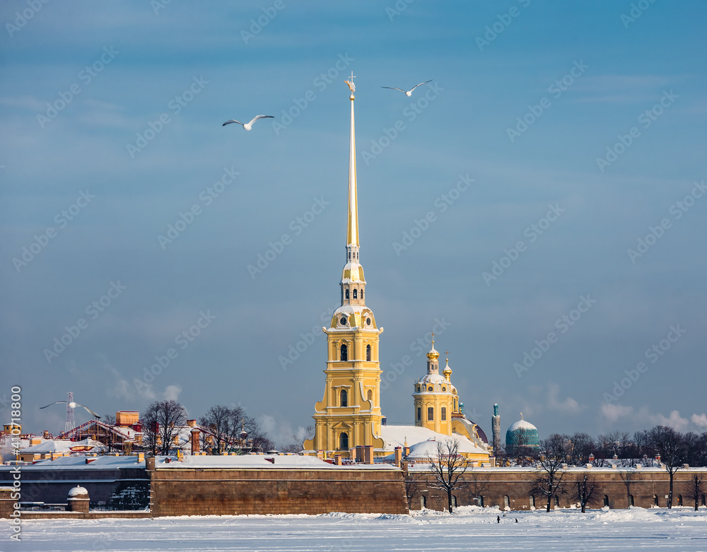 Peter and Paul Fortress on Zayachy island. Sights of St. Petersburg. Winter in the city on the Neva in Russia