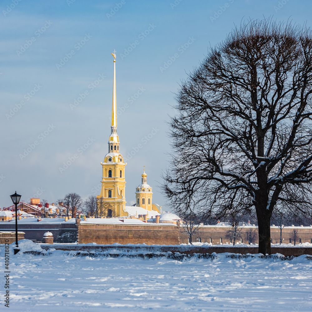 Peter and Paul Fortress on Zayachy island. Sights of St. Petersburg. Winter in the city on the Neva in Russia