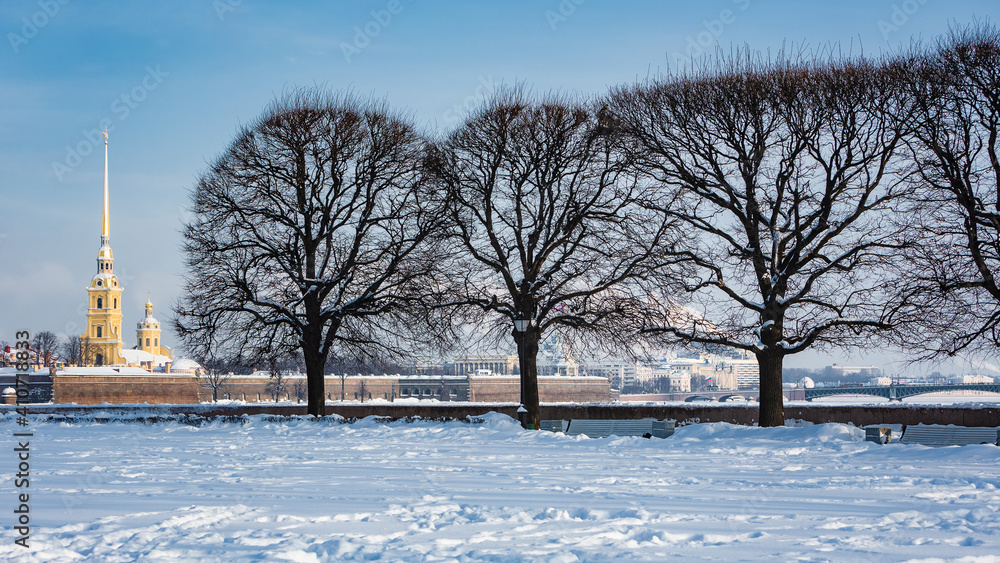 Peter and Paul Fortress on Zayachy island. Sights of St. Petersburg. Winter in the city on the Neva in Russia