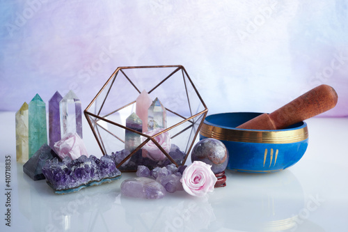 Healing gemstones crystals. Reiki, esoteric, relax and balance conept. photo